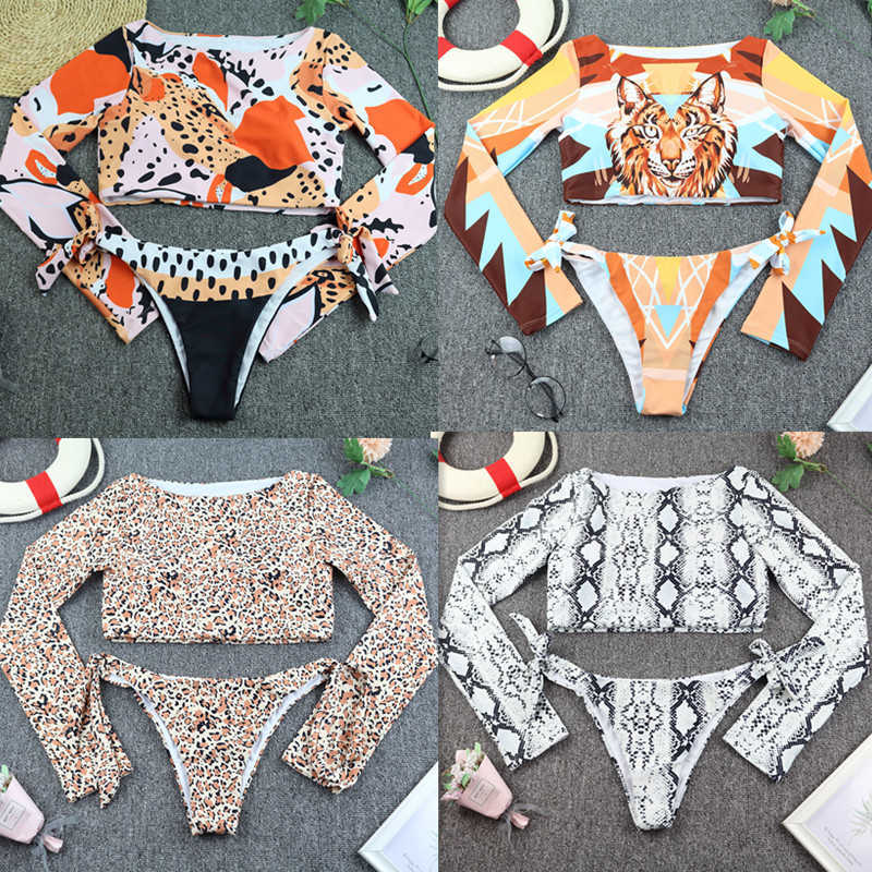 Surfing Swimsuit For Women Bikini Long Sleeve Swimwear Tiger Print Push Up Summer Bath Suit Two Piece Bandeau Biquini 210611