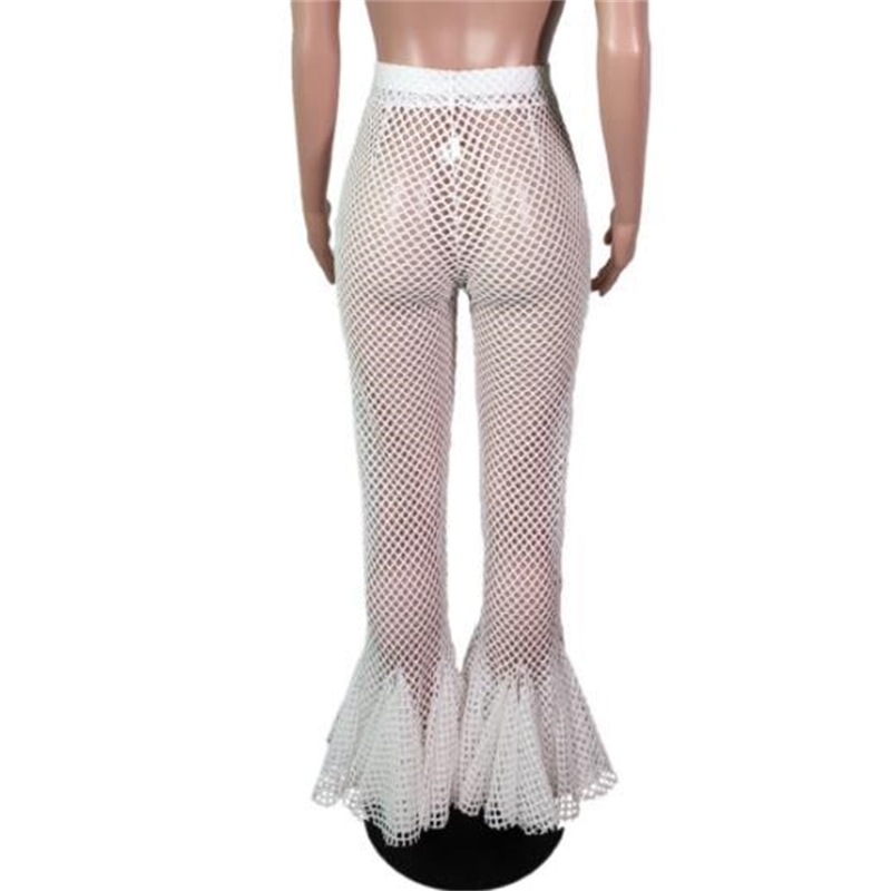BKLD New Women Cover Up Mesh Sheer Pants Ruffle Flare Pants High Waist Trousers Fishnet See Through Pants Beach Party Clubwear T200608
