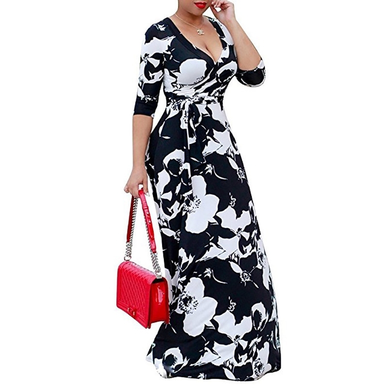 MC European and American Autumn Ladys Clothes Printed Dress New Large Size Dress Women's Longsleeved Vneck Waist Dress T200319
