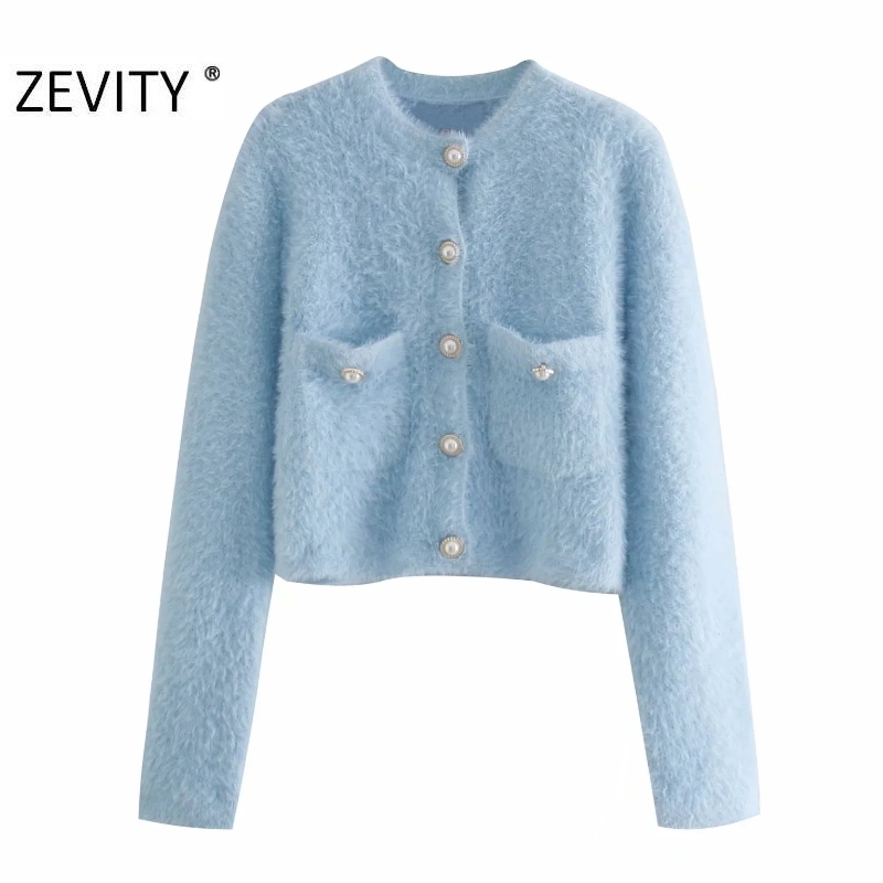 Zevity Women Fashion Candy Colors Pockets Patch Cardigan Knitting Sweater Female Chic Long Sleeve Pearl Breasted Slim Tops S460 210218