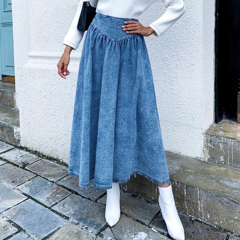 Skirts Women Maxi Blue Denim Skirt Pleated 2021 Autumn Winter Spring Slim Waist Long Jeans Casual Solid Office Ladies