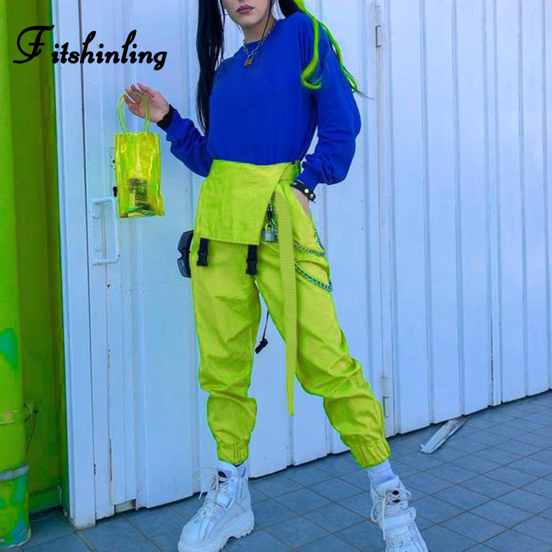 Fitshinling Fluorescence neon green jumpsuits women summer chain cargo playsuit fashion slim cotton buckle long jumpsuit female Y200904