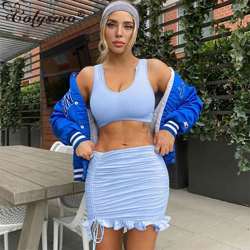 Colysmo Mini Skirts Two Piece Set Women Sleeveless Crop Tops Ruffles Drawstring Pleat Ruched Bodycon Sets Summer 2 210527