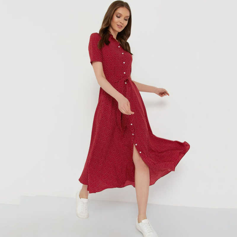 Capucines Women Dot Print Button Shirt Dress Summer Short Sleeve Turn-down Collar Belt A Line Casual Midi Dresses Vestidos 210630