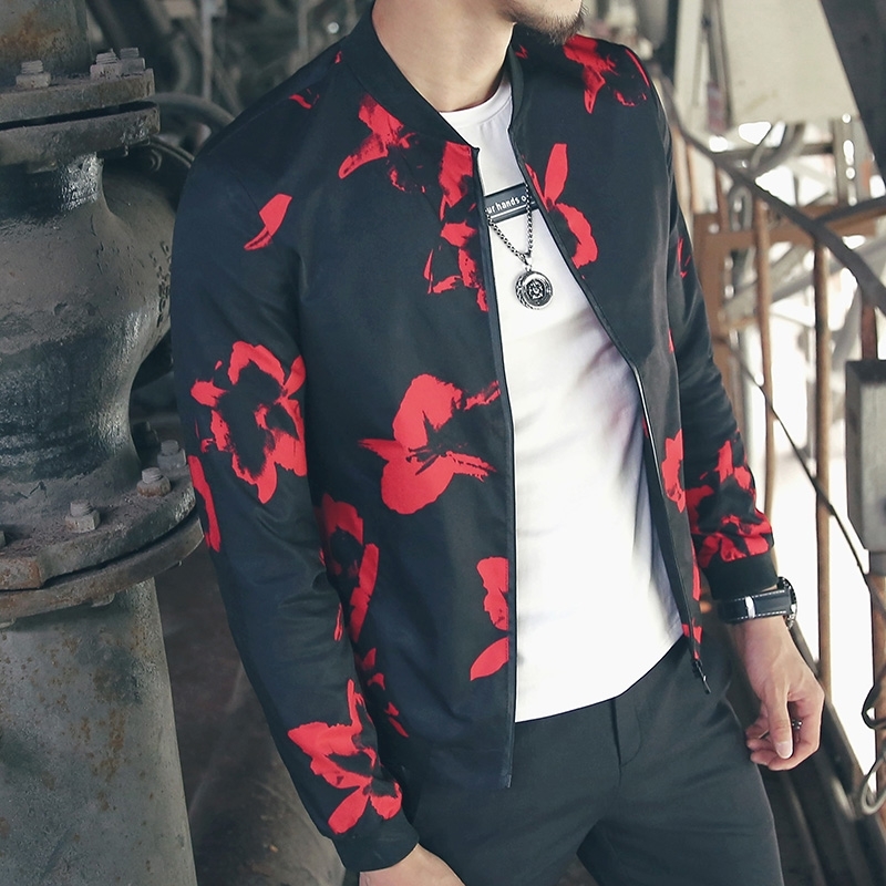 Spring Autumn Hip Hop Jacket Men Slim Fit Flowers Pilot Bomber Jacket Men's Stand Collar Coats Male Clothing USA Size 5XL T200319