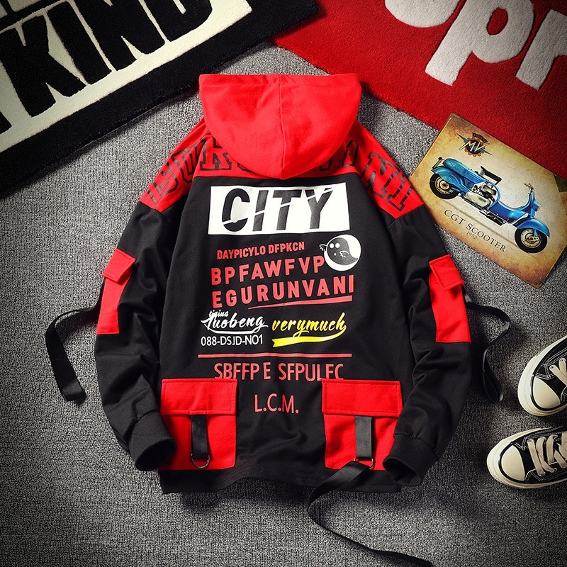 Printed Hoodie Men Streetwear High Street Hoodies with Pockets Mens Patchwork Hooded Sweatshirt Autumn Men Fashion Tops 201127