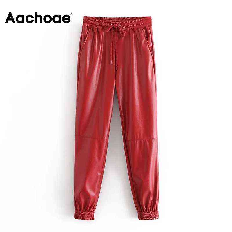 Aachoae Lady Full Length Pu Leather Pants Drawstring Sports Style Long Sweatpants Women Baggy Casual Pencil Pantalon Mujer 211102