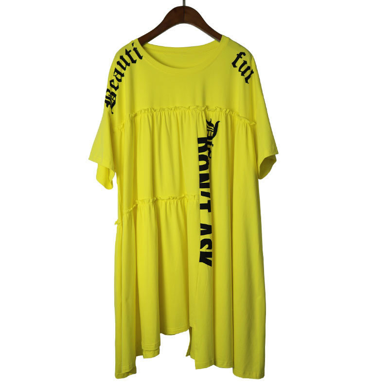 XITAO Plus Size Irregular Letter Pleated T Shirt Women Clothes Summer New Fashion Loose Pullover Match All Long Tee DMY4122 210306