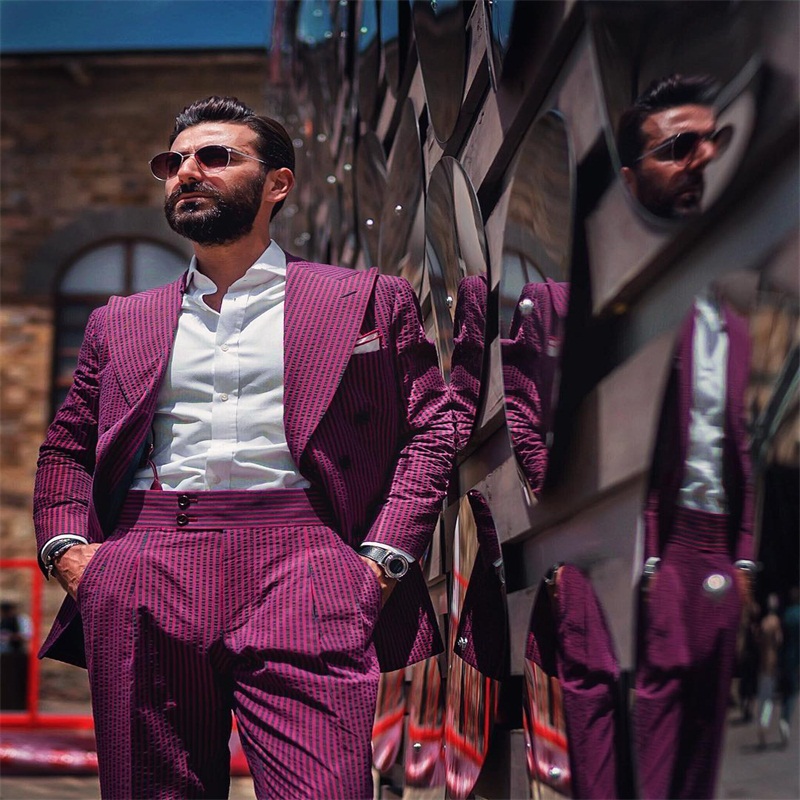 Purple Two Pieces Men Suits Custom Made Spring Suits Fashion Bubble Stripes Tuxedos Peaked Lapel Blazer Business Coat+Pant