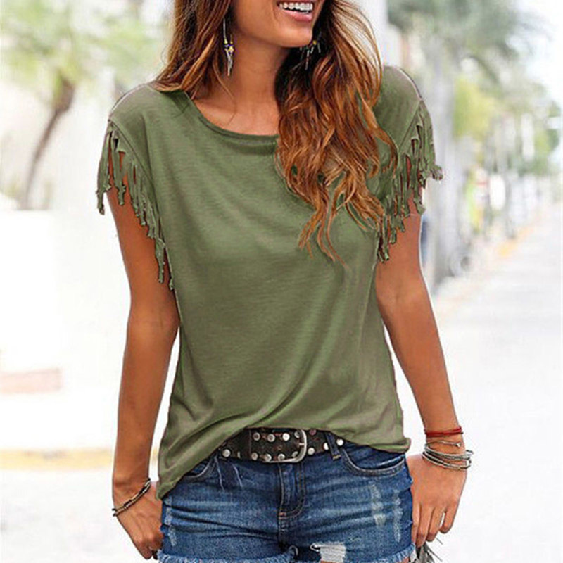 Solid Oneck Tassel Short Sleeve Women's TShirt White Black Red Loose Tshirts Womens Summer Spring Chic Tshirt Tops Women T200614