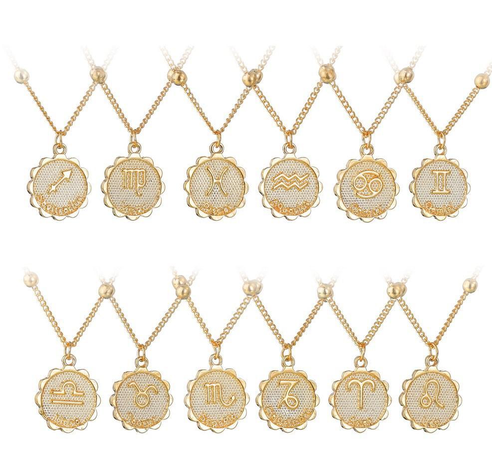 2021 Hot Selling 12 Constellation Necklace Classic 18k Gold Zodiac Sign Round Pendant Bead Chain Necklace Jewelry