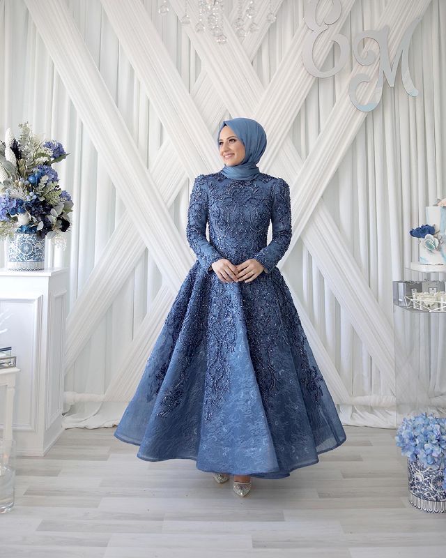 2022 Plus Size Arabic Aso Ebi Navy Blue Luxurious Muslim Prom Dresses Lace Beaded Evening Formal Party Second Reception Gowns Dress ZJ335