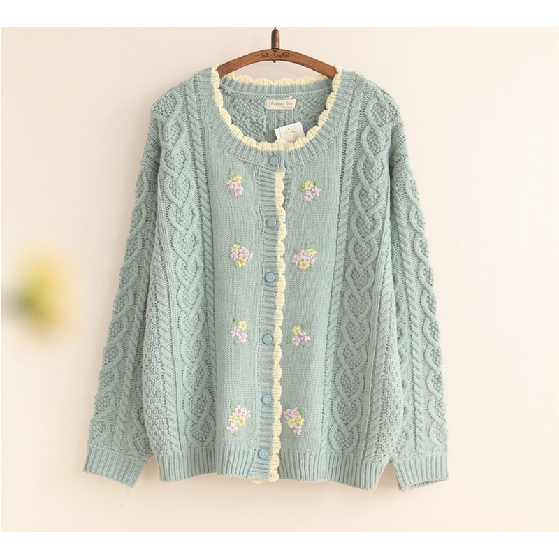 Mori Girl Sweet Floral Thick Warm Sweater Spring Autumn Women Knitted Cardigans Girl's Twist Crochet Knitted Sweater Coat 210218