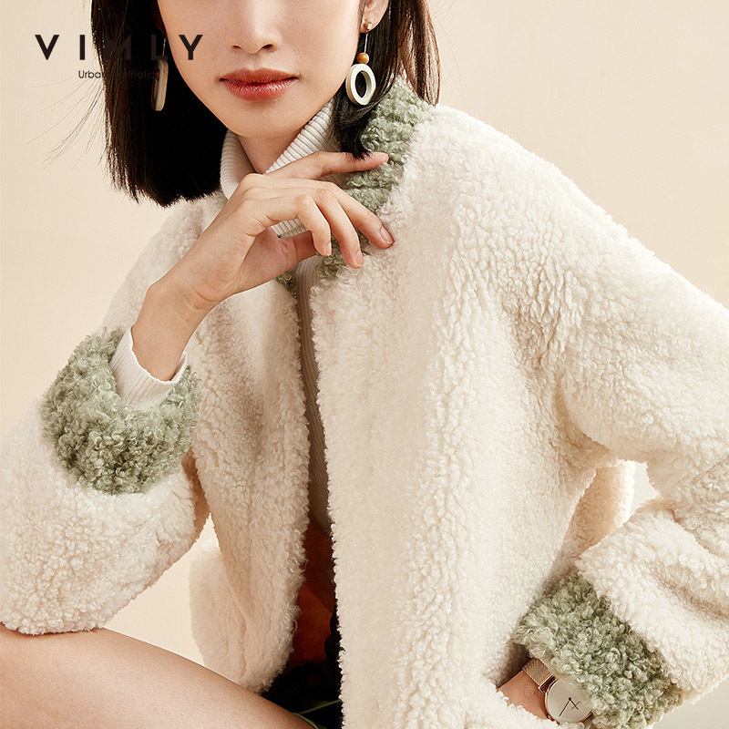 Vimly Autumn Winter Women Lambs Wool Coat Vintage Patchwork Round Neck Zipper Pocket Casual Female Thick Short Jacket 30263 201019