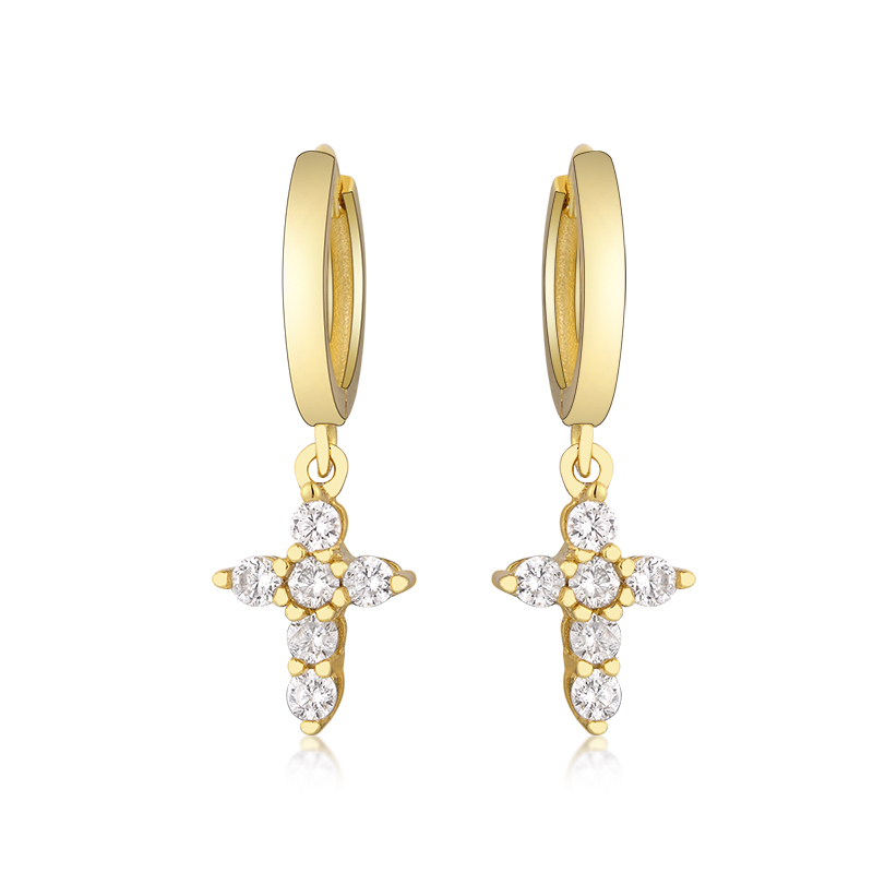 Women Authentic Fashion 925 Sterling Silver Gold Colors Luxury Crystal Cross Dangle Hoop Earrings Girls Round Earrings Jewelry Gift