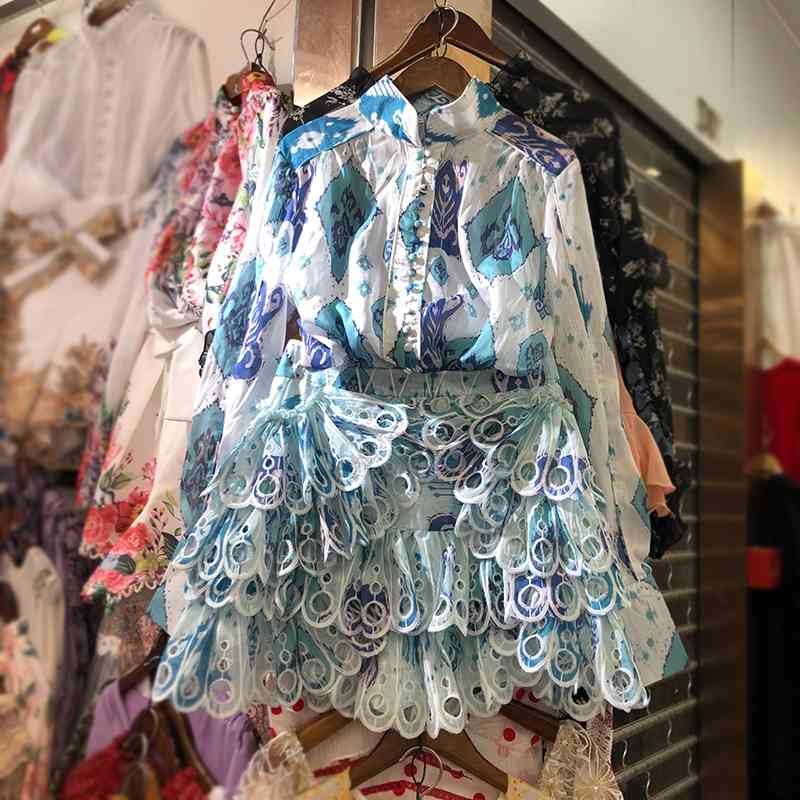 Summer National Trends Retro National Style Elegant Two Piece Suit, Female Peacock Blue Skirt + Thin Long-Sleeved Shirt 210708