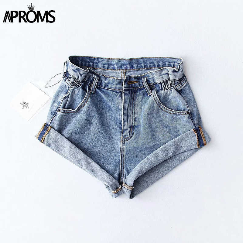 Aproms Casual Blue Denim Shorts Women Sexy High Waist Buttons Pockets Slim Fit Summer Beach Streetwear Jeans 210714