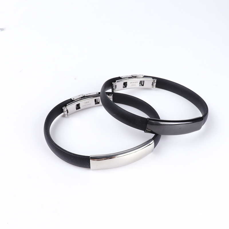 Fancy Design 0.8CM Width Black Silicone Silver Stainless Steel Charm Bracelet