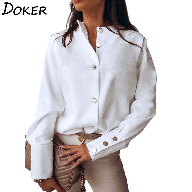 Autumn White Blouse Womens Casual Fashion Stand Collar Long Sleeve Plus Size Office Ladies Shirt Elegant Female Tops And Blouses 210225
