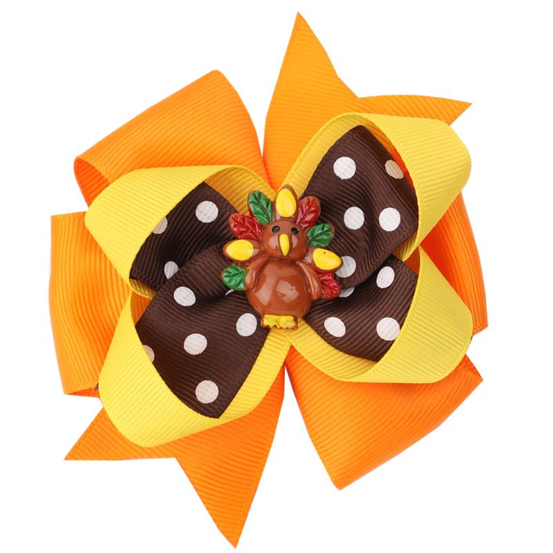CN 6 Pcs/lots 3.5 " Thanksgiving Hair Bows For Girls Kids Stack Dot Turkey Hair Clips Hairpins Festival Accessoriess