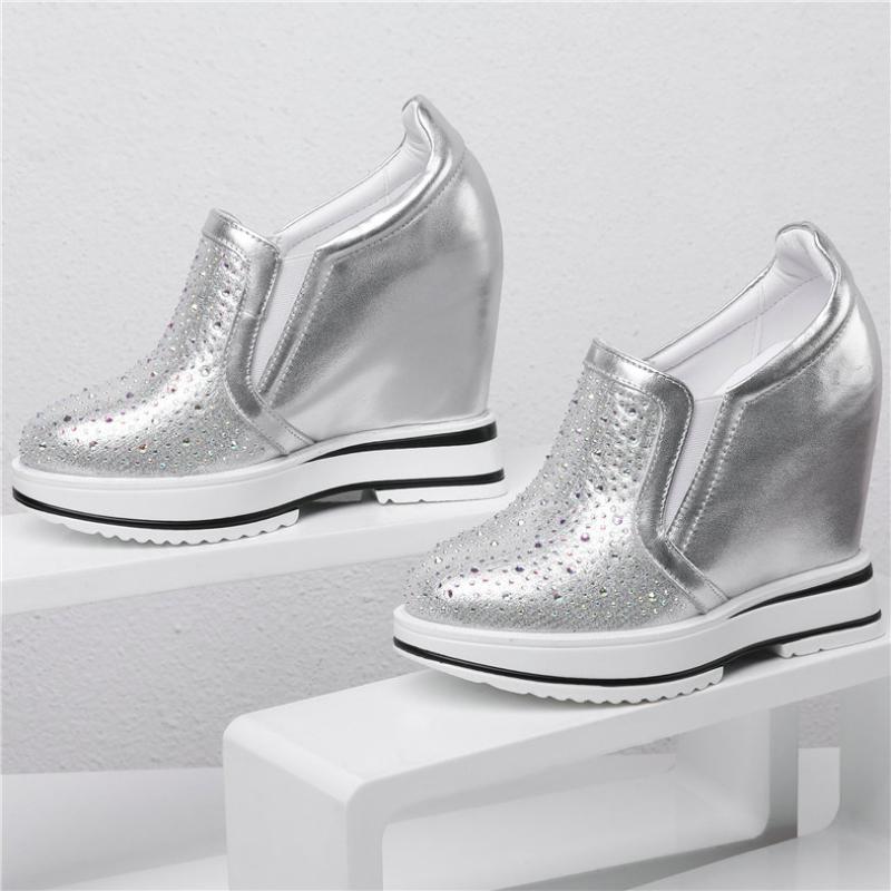 Dress Shoes Casual Women Genuine Leather Wedges High Heel Platform Pumps Female Round Toe Fashion Sneakers Rhinestones Trainers