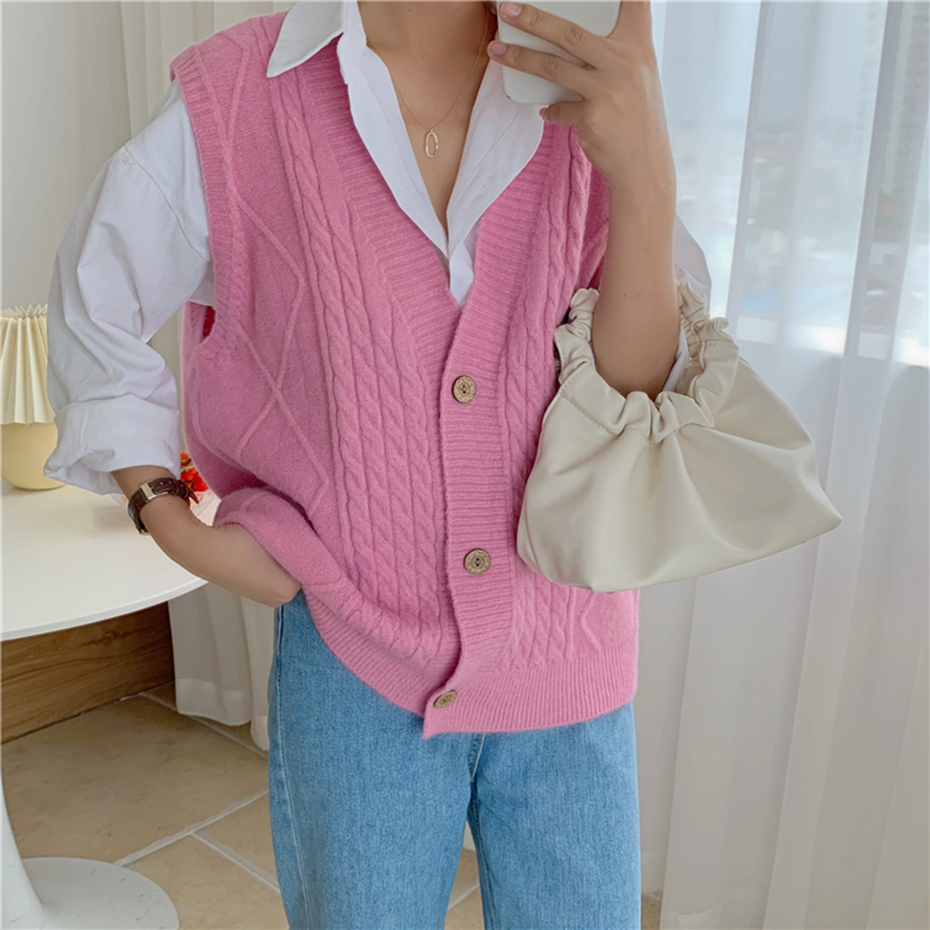 QOERLIN Preppy Single Breasted Knit Vest Spring Autumn Sleeveless Sweater Vest Women Knitted Crop Tops Casual Waistcoat Outwear 210218
