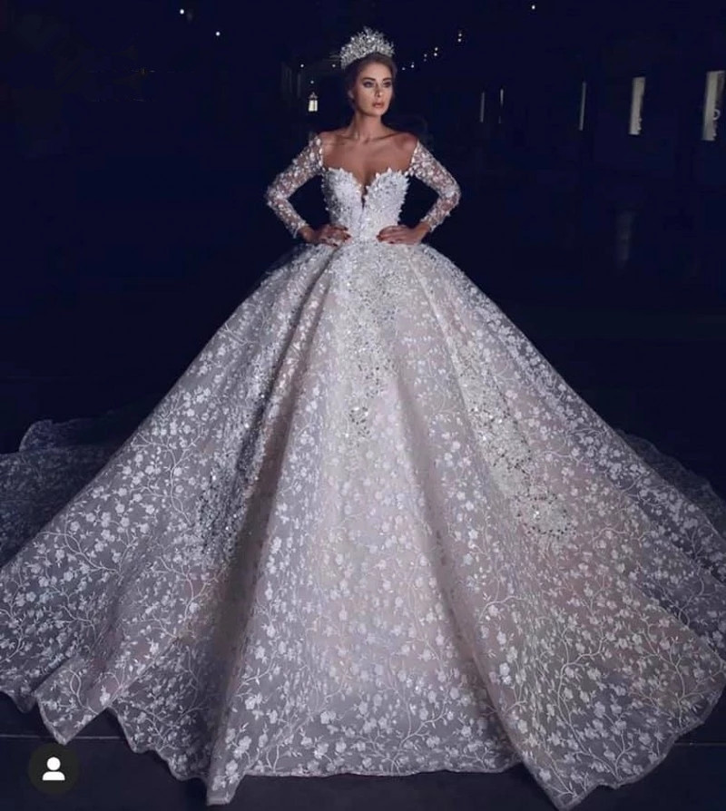 Princess 3D Floral Wedding Gowns Long Sleeves Lace Sheer Neck Off The Shoulder Chapel Train Custom Made Plus Size Bridal Party Dresses For Church