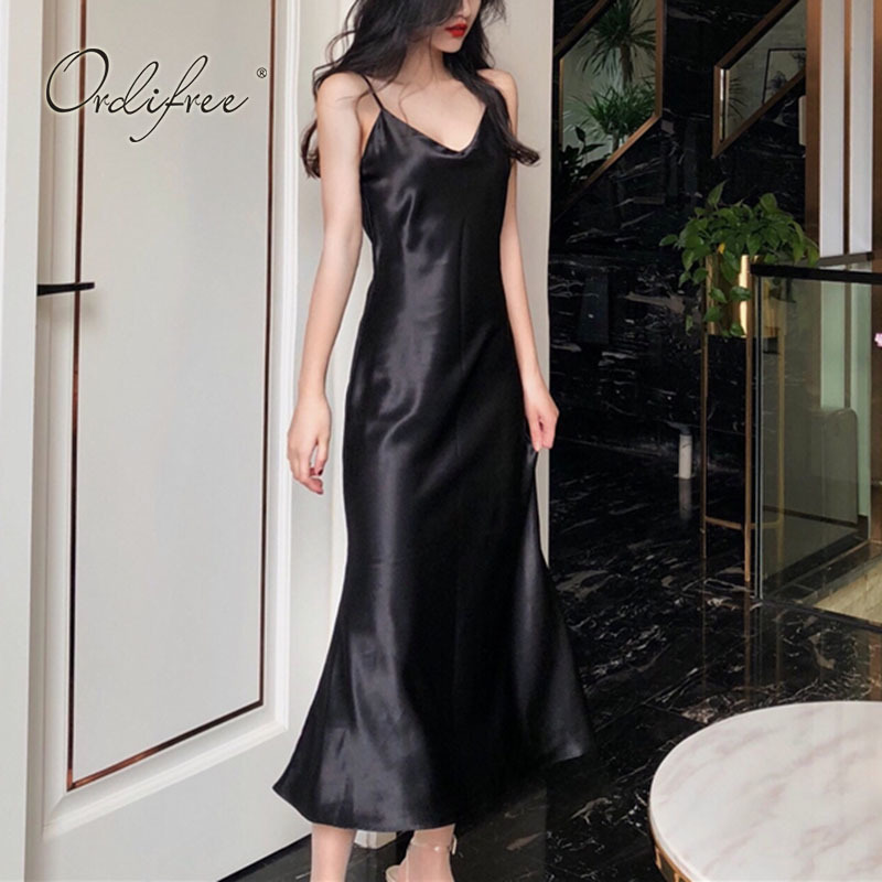 Ordifree Summer Women Long Satin Slip Dress Spaghetti Strap Party Dress Vintage Pink Gold Black Silk Sexy Maxi Dress 210309