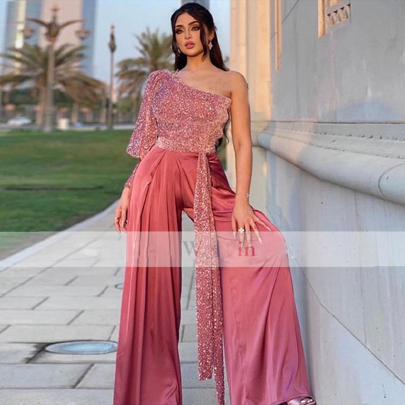 Causal Dusty Pink One Shoulder Jumpsuit Evening Dresses For Women 2022 Long Sleeve Sparkly Sequined Pant Suits Prom Dress Special Occasion Gowns Custo