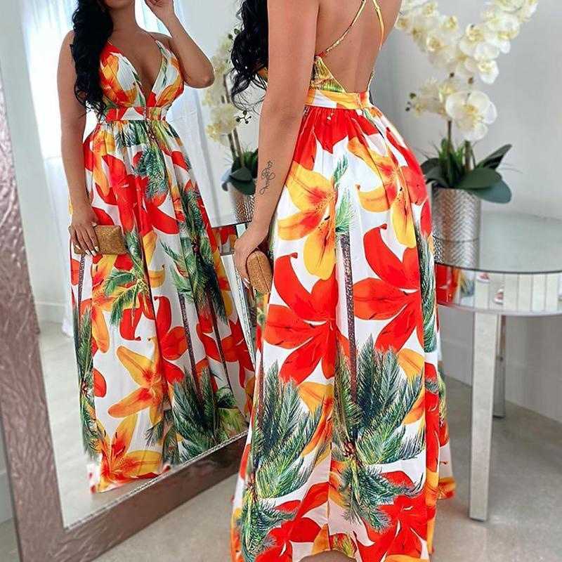 Summer Women Elegant Formal Gown Backless Maxi Dress Beach Dress Female Stylish Floral Open Back Long Party Dress 210716