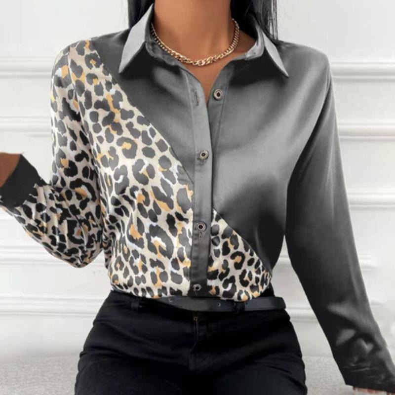 Women's Blouses & Shirts Leopard Patchwork Casual Shirt Blouse Woman Autumn Fashion Button Long Sleeve For Women 2021 White Print Office Top