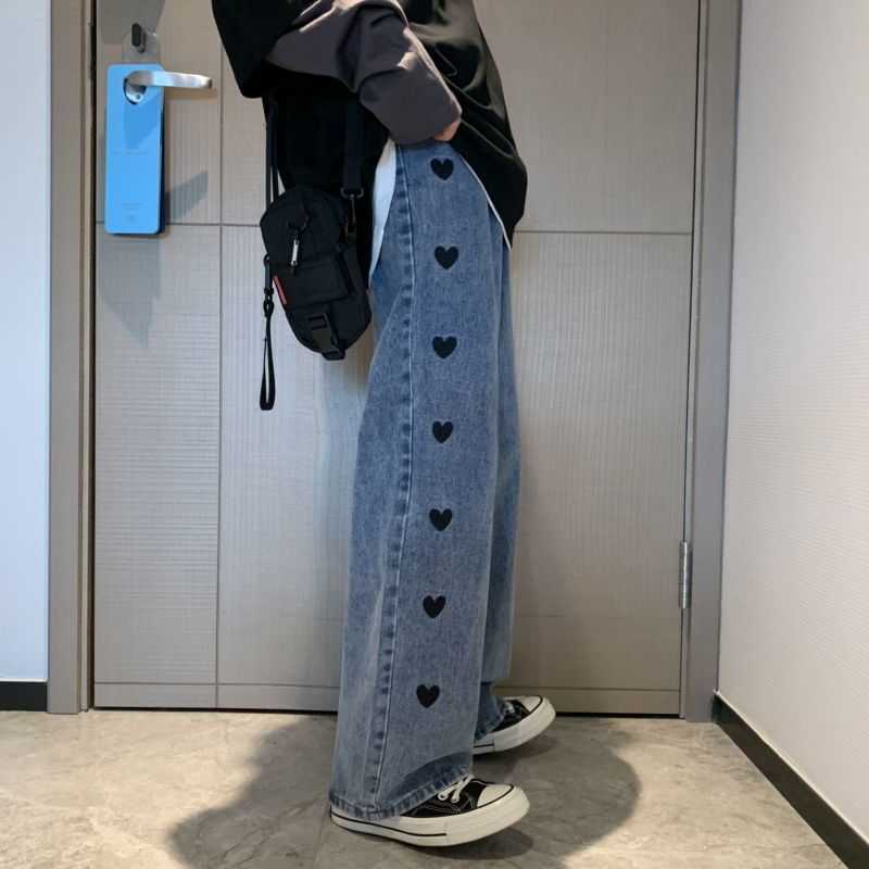 Love Embroidered Jeans Women Harajuku Street Summer Punk High Waist All-match Pant Trend Straight Wide Leg Loose Lovelly Trouser 210526