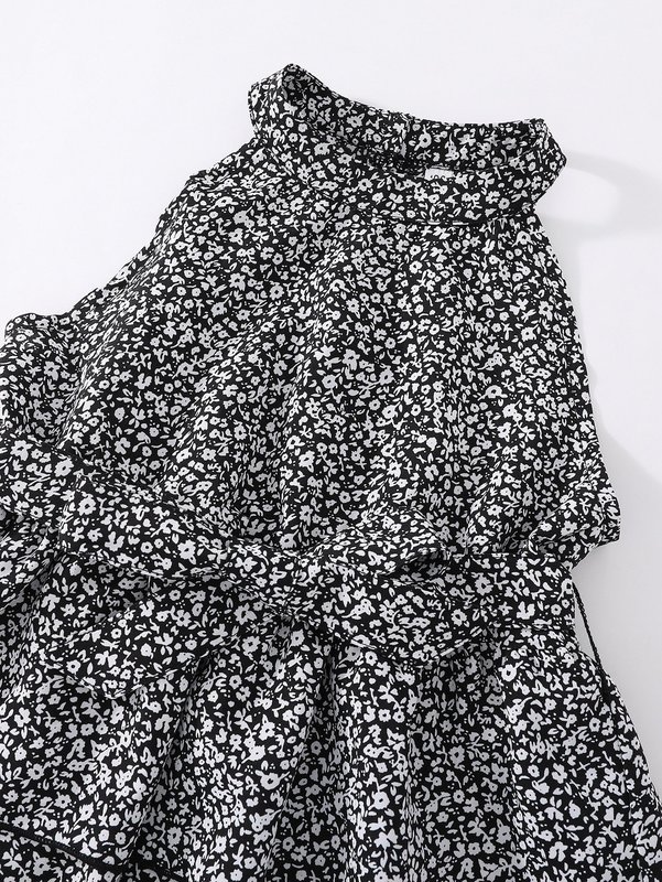 Toddler Girls Ditsy Floral Halter Neck Contrast Piping Layered Hem Dress SHE