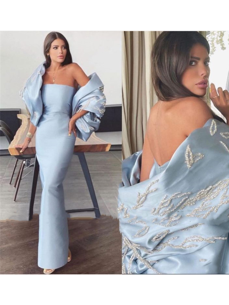 Elegant Rolay Sky Blue Bling Long Evening Dresses Strapless Sleeveless Off Shoulder Prom Dress Shawl Sequines Night Ankle Length Sheath Formal Party G