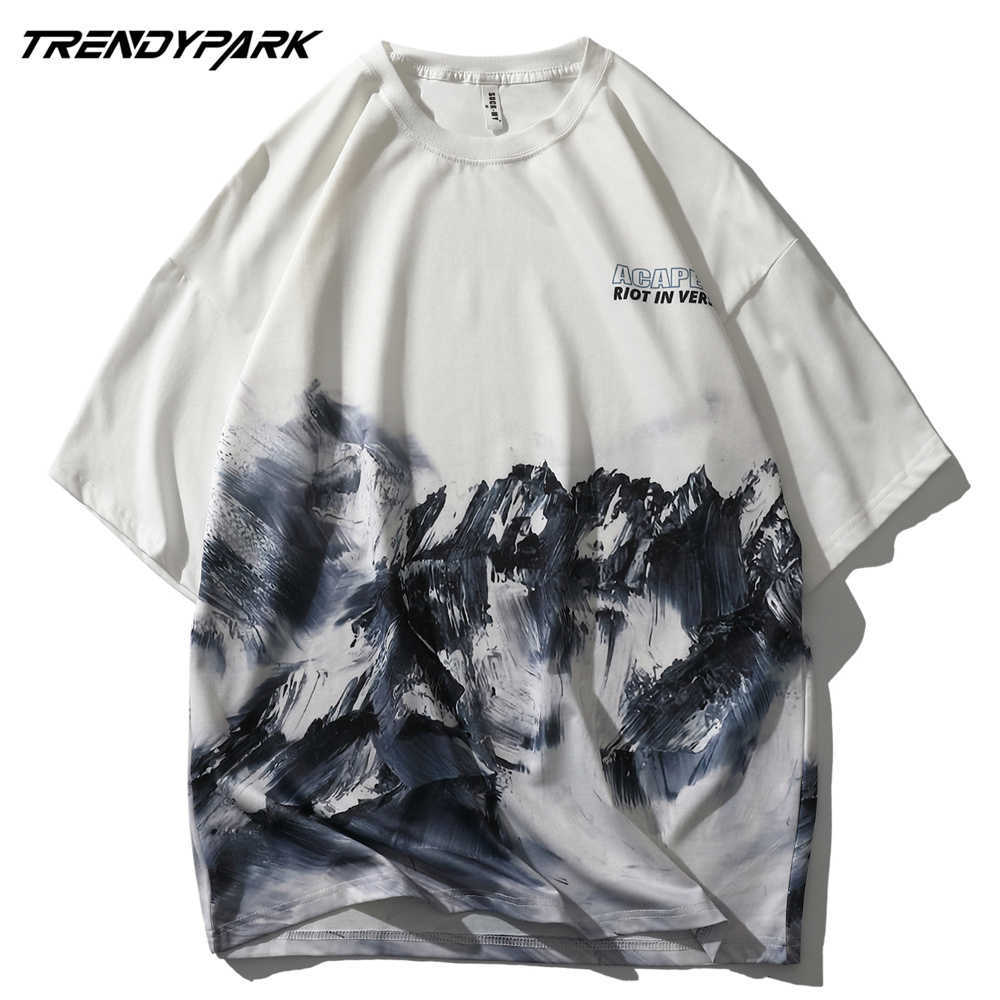 Hip Hop Streetwear Tshirt Men Snow Mountain Print Polyester T Shirt Anime Tee Harajuku Summer Short Sleeve Oversize T-Shirt 210601