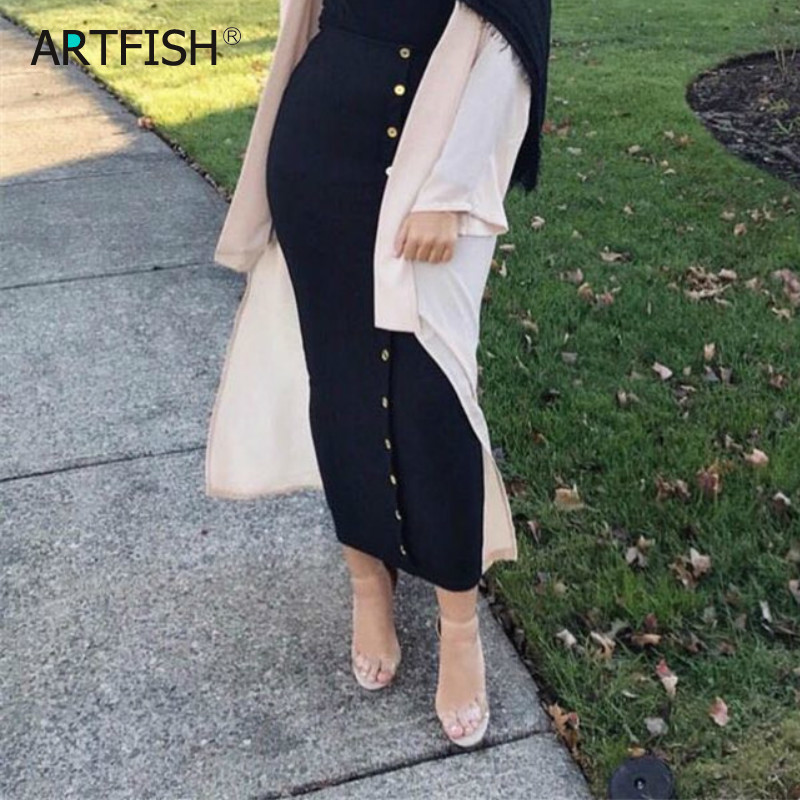 Bodycon Plus Size Autumn Women High Waist Skirts Button Maxi Long Skirt Femme Sexy Pencil Bodycon Skirts Solid Black GV799 210306