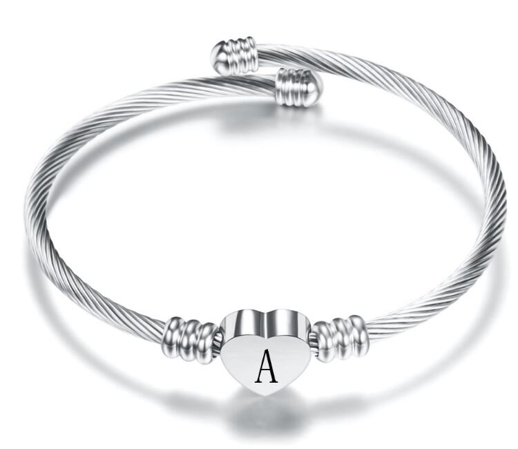 Gold Color Stainless Steel Heart Bracelet Bangle With Letter Fashion Initial Alphabet Charms Bracelets For Women GC601