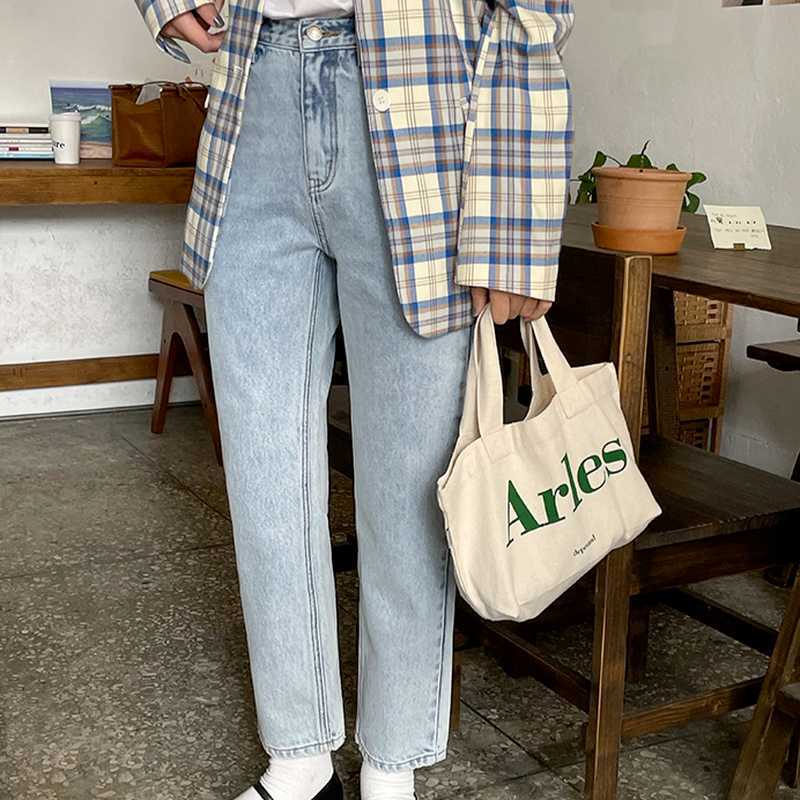 Spring Fashion Denim Jeans Straight Solid Korean Elegant Pants Office Lady High Waist Vintage Women Trousers 13A284 210525