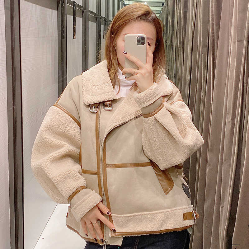 LY VAREY LIN Winter Women Patchwork Lambswool Faux Leather Jacket Motorcycle Casual Turn-down Collar Zipper Coat 210526