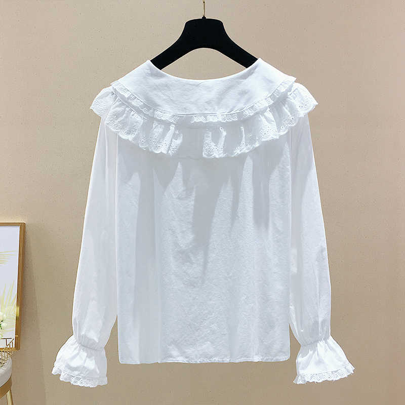 Solid Sweet Top Peter Pan Collar Flare Sleeve Blouse Women Single Breasted Full Shirt 210615