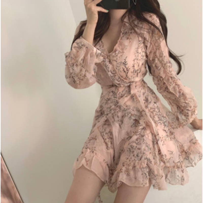 Women Mini Dress Spring V-neck Floral Chiffon High Waist Flare Sleeve Female Woman's KarolyiDora KA88 210623