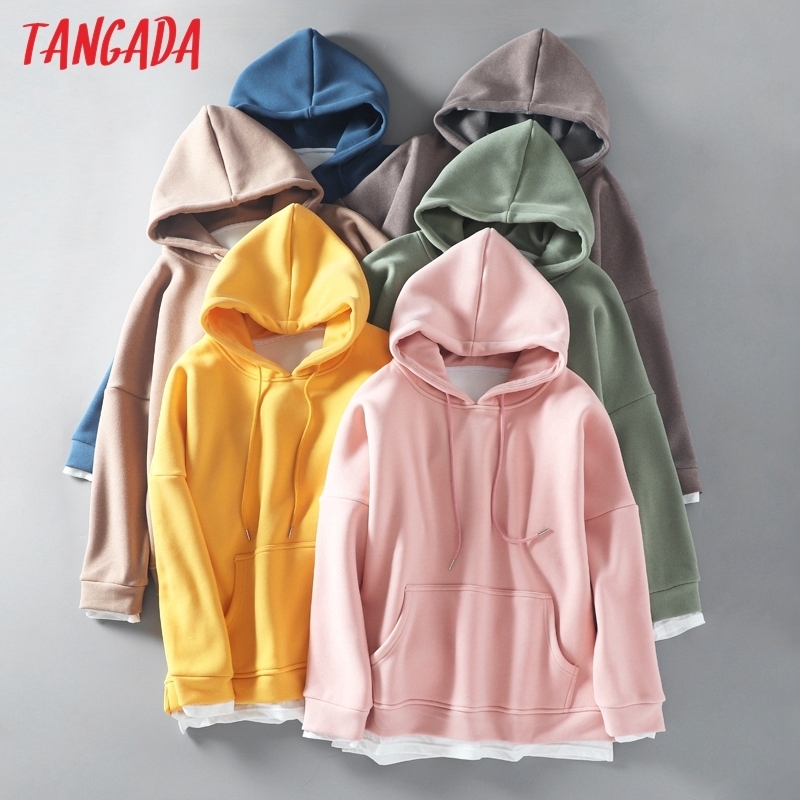 Tangada women woolen hoodie sweatshirts inside Lalambswool warm pocket winter oversize female patchwork hooded tops 7M1 201102