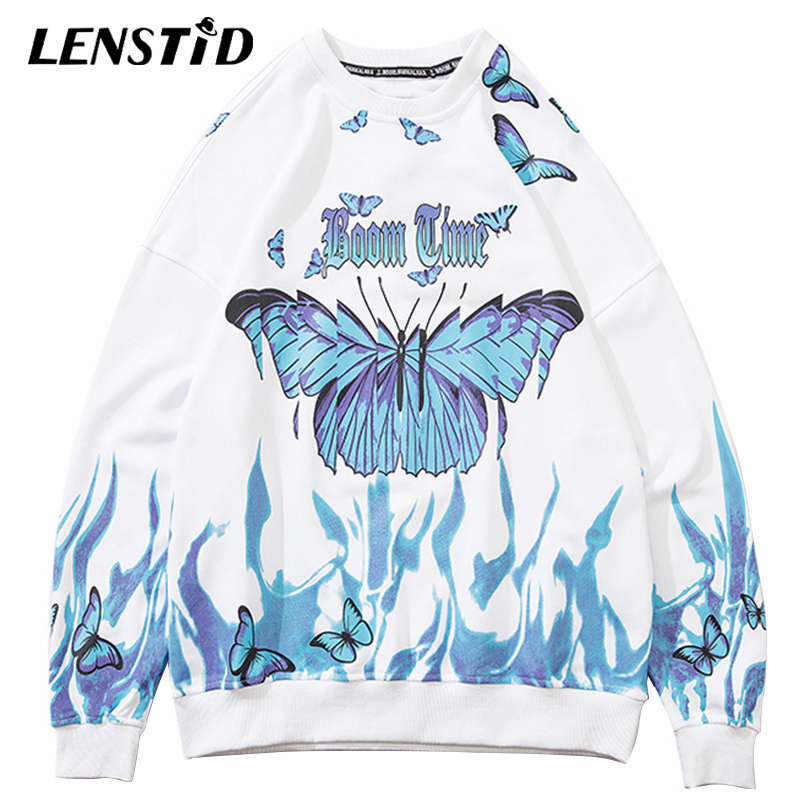 LENSTID Men Hip Hop Sweatshirt Blue Fire Flame Butterfly Harajuku Streetwear Hipster Pullover Hoodies Autumn Fashion Sweatshirts 201104