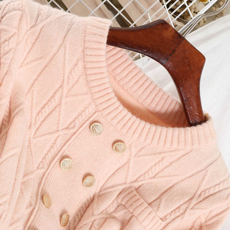 DEAT Women Temperament Slim Knitted Dress Long Sleeve Round Collar High Waist ButtonFashion Spring Autumn MZ970 210709