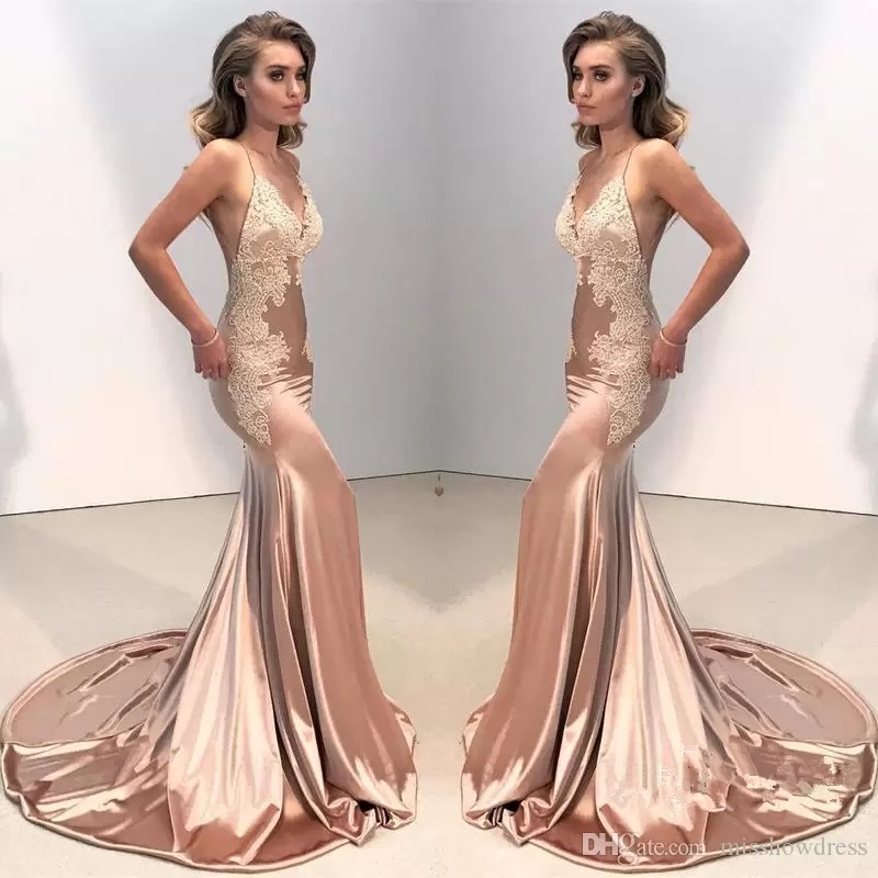 Elegant Sexy Spaghetti Straps Satin Mermaid Prom Dresses Lace Appliques Backless Vestidos de Festa Party Evening Gowns CG001