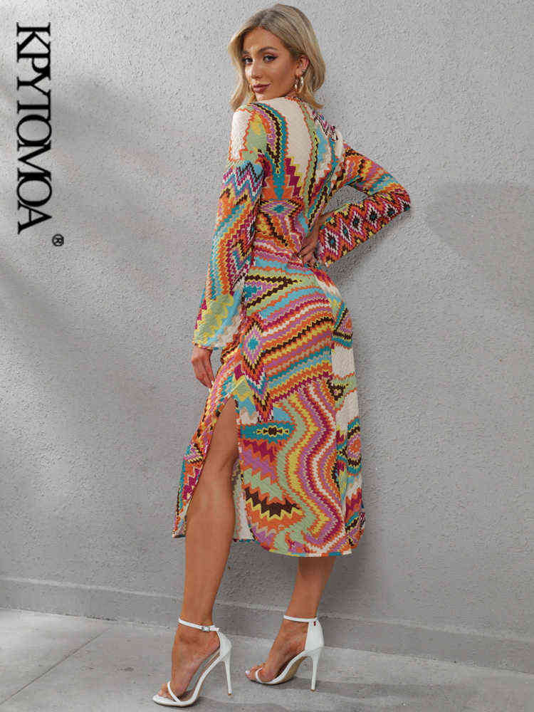 KPYTOMOA Women Chic Fashion With Drawstring Printed Midi Dress Vintage Long Sleeve Side Vents Female Dresses Vestidos Mujer 211206
