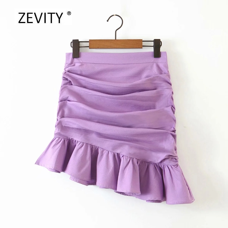 Women fashion solid color pleated asymmetrical skirt faldas mujer ladies back zipper vestidos chic hem ruffles skirts QUN654 210306