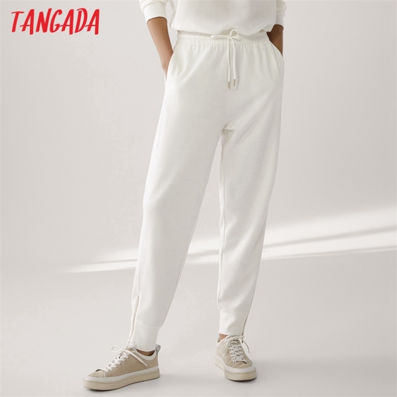 Tangada Fashion Woman White Pants Women Cargo High Waist Pants Loose Trousers Joggers Female Sweatpants 6D89 211006
