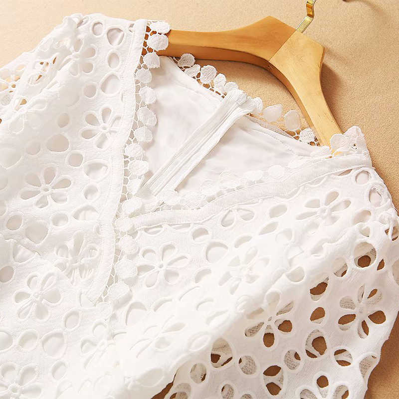 VGH Elegant White Maxi Dress For Women V Neck Half Sleeve High Waist Hollow Out Slim Dresses Autumn Style Fashion 210623