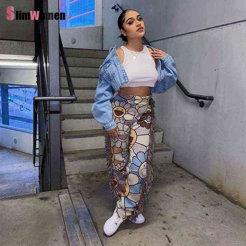 Vintage Side Tassels Patchwork Striped Print Jogger Pant Women Rave Festival Clothing Casual Streetwear Bodycon Sweat Pants 211124